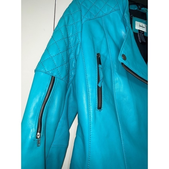NEIMAN MARCUS COLLECTION TEAL BLUE LEATHER MOTO JACKET - SIZE M - Picture 5 of 9